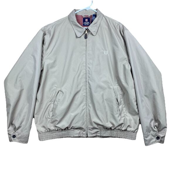 Chaps Beige Harrington Jacket L Plaid Lining Windbreaker Bomber Retro Preppy - Picture 1 of 11